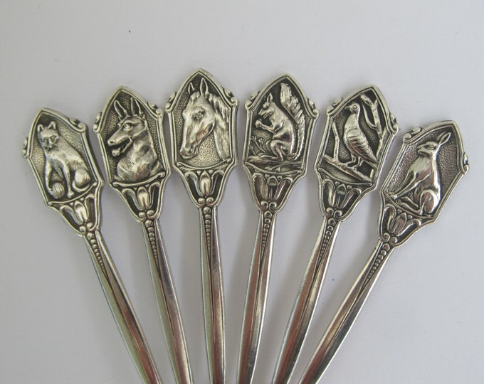 Collectible animal teaspoons, coffeespoons, heavy silver plated Dutch spoons, set of 6
