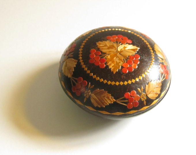 Straw work round box, Autumnal wooden storage box, Orange Red Brown jewelry box, trinket box, keepsake case, hairpin dish