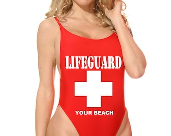 Custom Lifeguard One Piece Swimsuit - Red or White - Add Your Beach Name