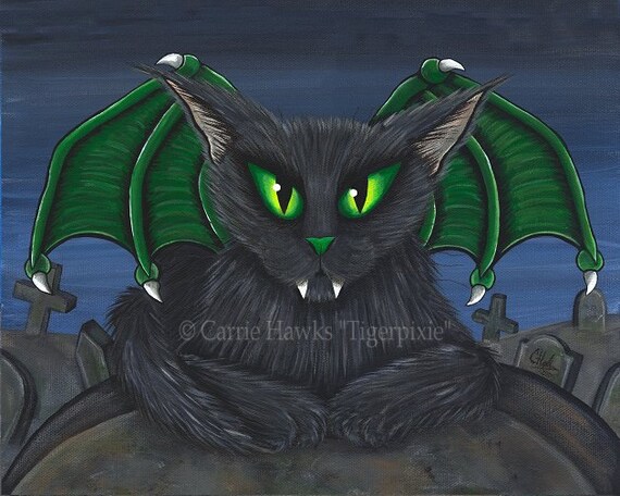 The Black Cat And The Vampire Vampire Cat Art Black Cat Painting Bela Gothic Graveyard