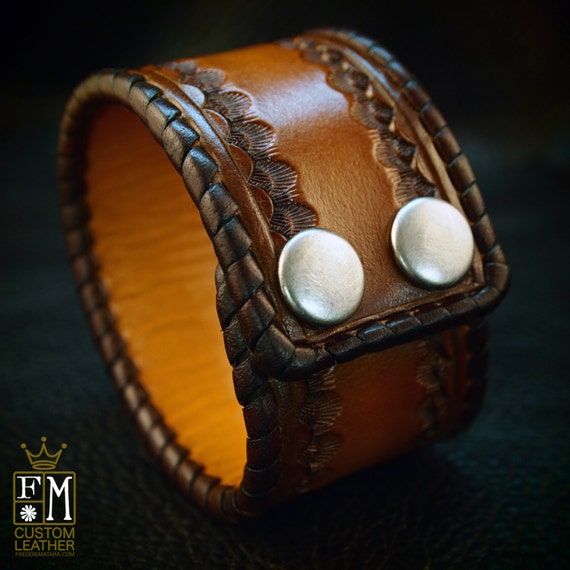 Leather cuff bracelet Custom Brown Tan sunburst Hand stamped and Laced Made for YOU in NYC by Freddie Matara