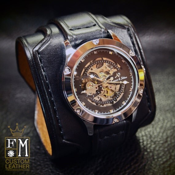 Black Leather Skeleton cuffwatch Slick Triple layer vintage style Wide layered leather watch band Hand made in NYC for YOU by Freddie Matara