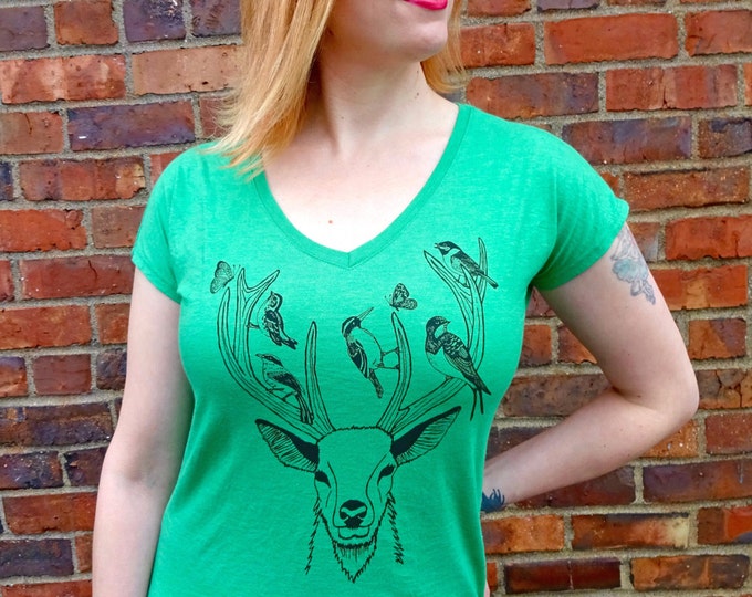 Women V-neck T Shirt, Women Graphic Tshirt, Deer Shirt, Nature Shirt, Cute Animal Shirt, Bird T Shirt, Plus Size Vneck, Green Graphic Tee