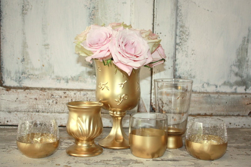 Gold wedding decor set of 6 Gold dipped vintage vases and