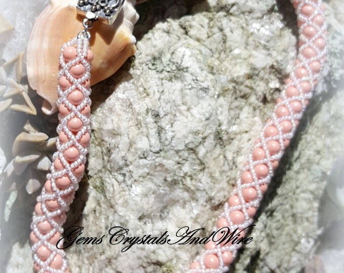 Swarovski Pearl Bead Netted Necklace, Pink Coral Pearls, Beach Wedding, Antique Silver Clasp, Prom, Seed bead Netting