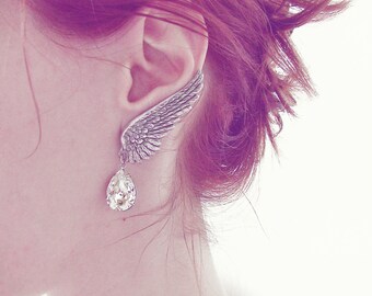 Angel Wing Earrings ear climber Earrings Silver Bridal Clip On Earrings Swarovski drop Silver hypoallergenic nickel free earrings