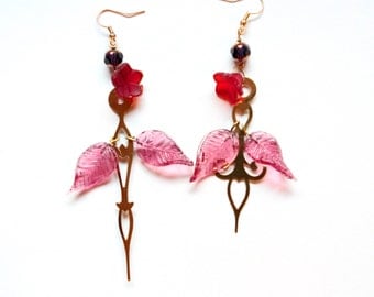 Boho Steampunk Clock Hand Earrings - Roses with Magenta Leaves