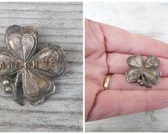 Vintage Antique 1900 old French Silvered metal porte bonheur brooch/ 4 leaves clover