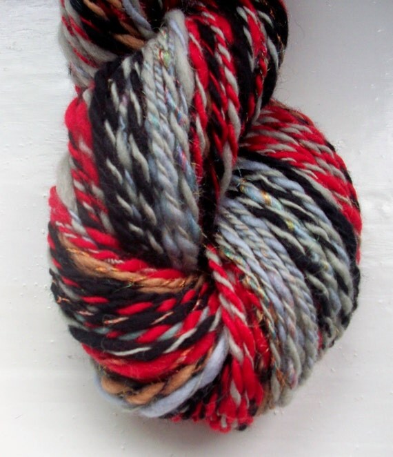 Handspun art yarn - merino, rainbow sparkle, red, black, grey, 95g by SpinningStreak