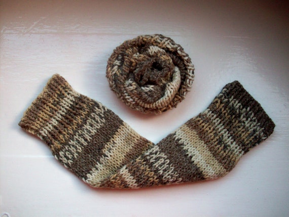 Chunky warm leg warmers, multi striped Fair Isle effect, beige, knit wool cotton mix
