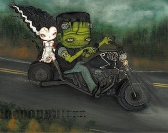 Frankenstein Print Tattooed Bride Of Frankenstein Harley Biker Skeleton Night Art Cute Tattooed Couple LARGE PRINT 14 x 11
