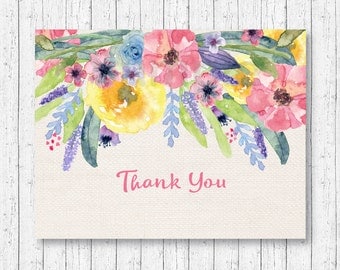 Floral Thank You Card / Floral Baby Shower / Watercolor Flowers / Rustic Floral / Folded Card Template / PRINTABLE Instant Download