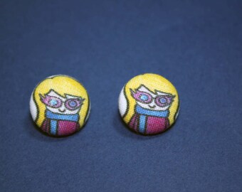 Luna Lovegood Button Earrings - Harry Potter Doodle - Post Fabric Covered Studs