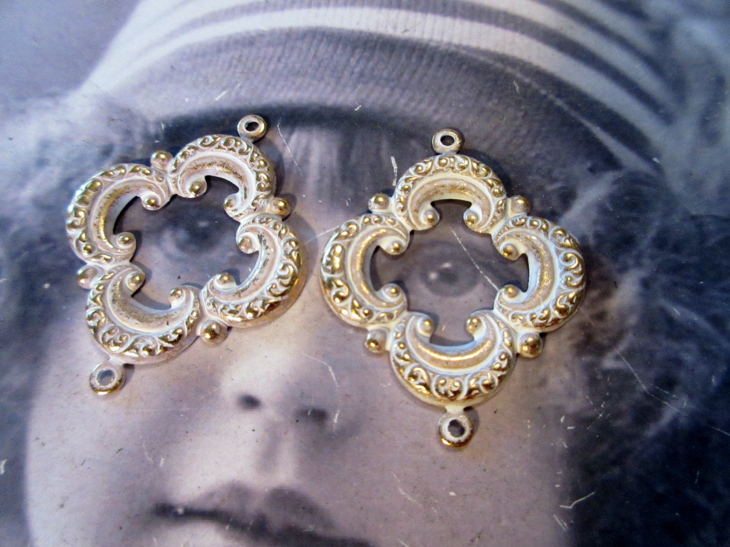 Gold Plated Frosted White Patina Brass Floral Connector