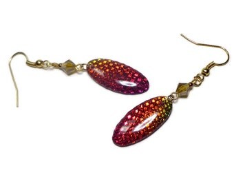 Oval Rainbow Dangle Earrings- polymer clay jewelry- Swarovski Crystal Earrings- Gifts for Her Birthday Party Burgundy Gold Earrings