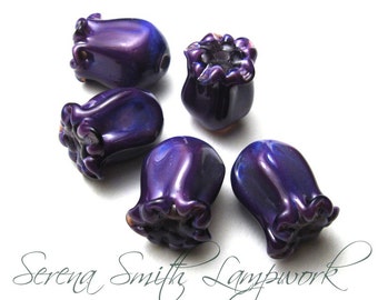 Handmade Artisan Lampwork Flower Beads, PURPLE JAPONICA, sra jewelry supplies, purple pink blue florals