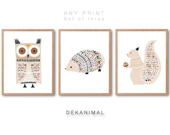 Woodland nursery, Owl Print, Squirrel Print, Hedgehog Print, Animal illustration, Animal Art print, Woodland animal, Nursery room deocr