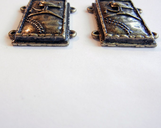 Pair of Bird on Branch Charms Double Link Burnished Gold-tone Rectanglular