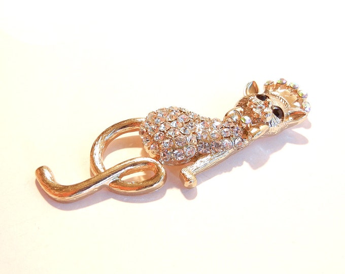 Cat with Crown and Rhinestones Pendant Gold-tone