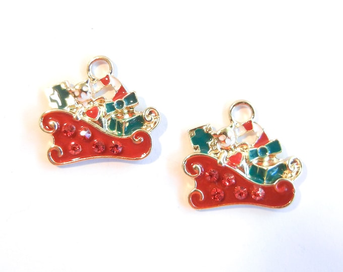 Set of 2 Christmas Santa's Sleigh Charms Rhinestones Green Red Epoxy