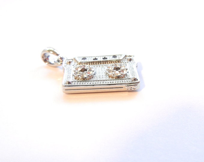 Rhinestone Cassette Tape Pendant Silver-tone