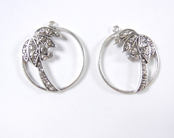 Pair of Round Rhinestone Palm Tree Charms Silver-tone