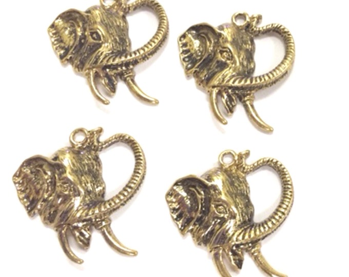 Set of 4 Elephant Head Charms Antique Gold-tone