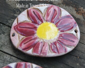 Handmade Pottery Bead with Blueberry and Yellow with a BOHO feel