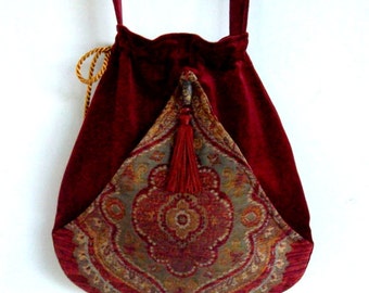 Boho Tassel Bag Brick Red Pocket Boho Bag Tapestry Drawstring Bag Bohemian Bag Crossbody Purse
