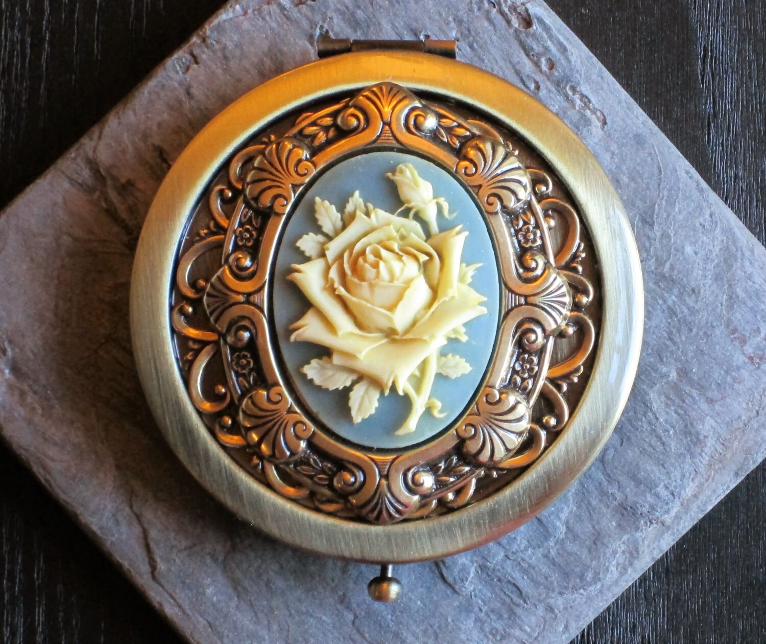 Rose cameo antique brass mirror victorian compact mirror
