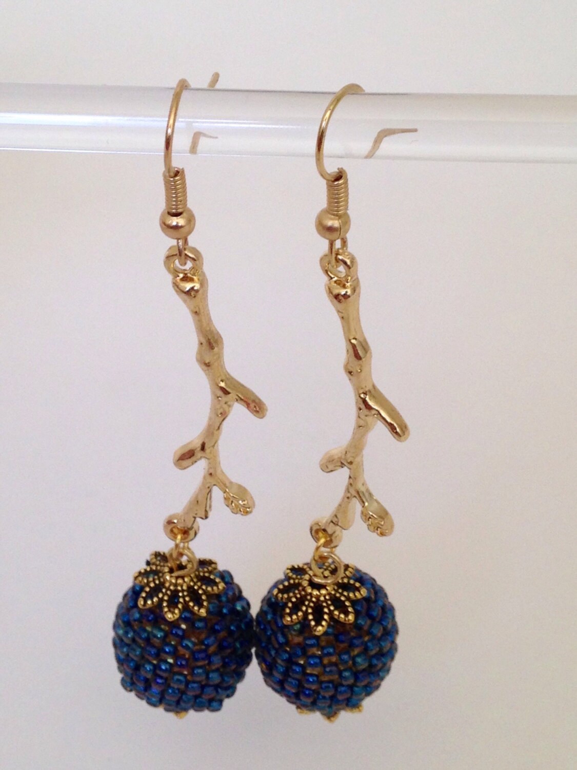 Blue Bead Ball Branch Earrings/Long Blue Earrings/Ball Dangle