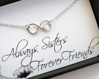 Sisters Bracelet - Always Sisters, Forever Friends - Sterling Silver Infinity Heart Bracelet - Endless Love