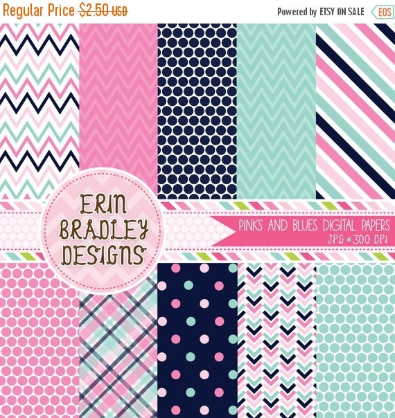 SALE Pink and Blue Digital Paper Pack by ErinBradleyDesigns