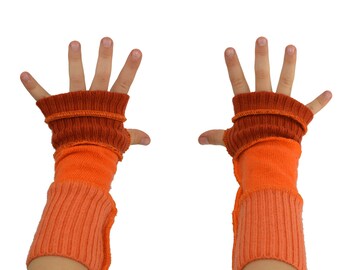 Kids Arm Warmers in Mandarine Tangerine Orange - Segmented Sleeves - Recycled Sweaters