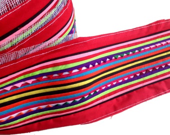 Hmong Textile, Lisu Fabric, hmong fabric, lisu tape, hill tribe, red, quilted, embroidered, craft, fabric, stripe, black, rainbow, quilt