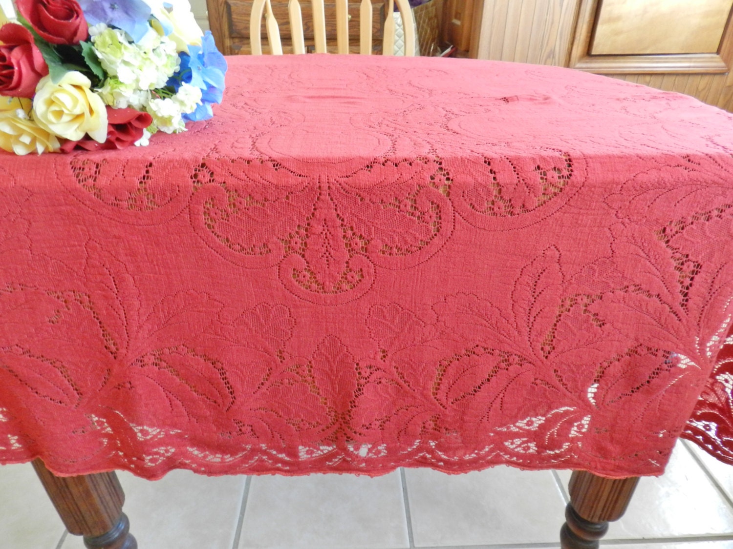 Red Lace Tablecloth Quaker lace Style tablecloth