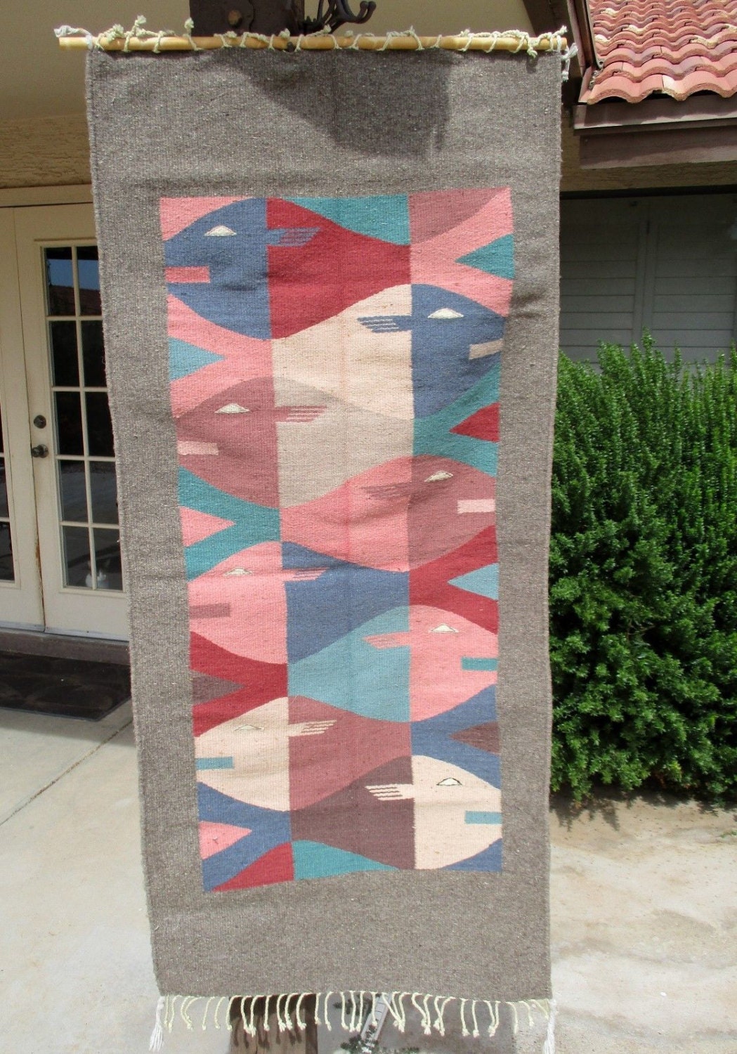 Tribal Fish Weaving Woven Mexican Wool Rug Runner Vintage Wall