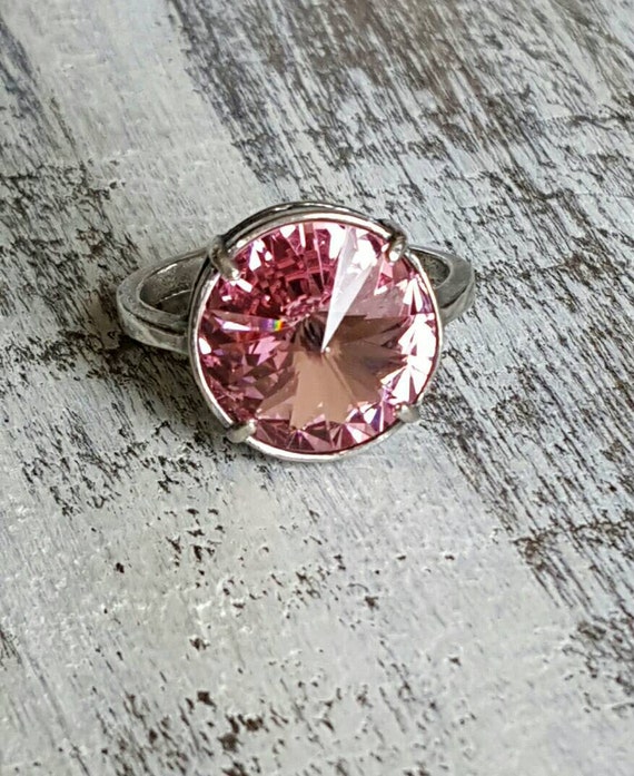 Adjustable Crystal Ring Pink Swarovski Crystal Ring Sterling