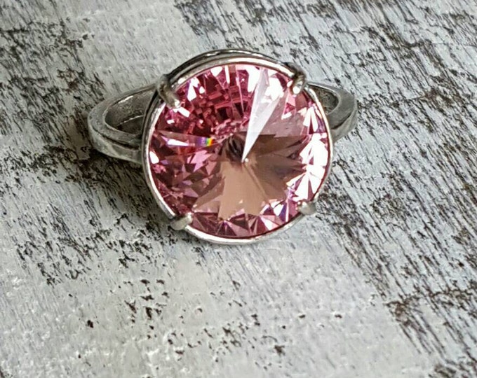 Adjustable Crystal Ring Pink Swarovski Crystal Ring Sterling Birthstone Minimalist Ring Sterling Silver Swarovski Cocktail Gift Bride Mom