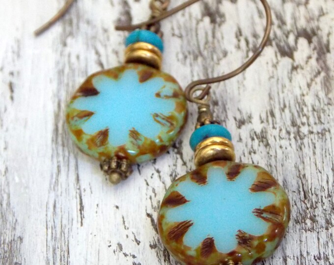 Bohemian Czech Glass Earrings Turquoise Blue Brass Beachy Boho Earrings Dangle Textured Drop Earrings Jewelry Rustic Woodland Earrings