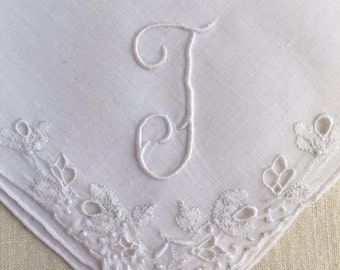 Vintage White Hanky with a White Initial T Handkerchief Hankie