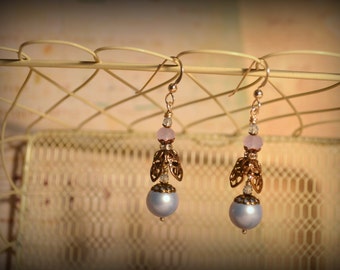Pearl Drop Earrings- powder blue and bronze