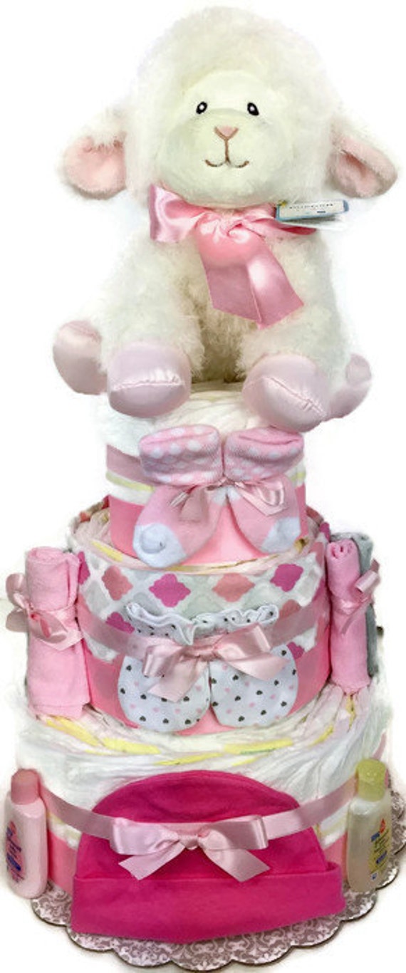 Baby shower diaper cake pink lamb diaper cake by DiaperCakesbyRuby