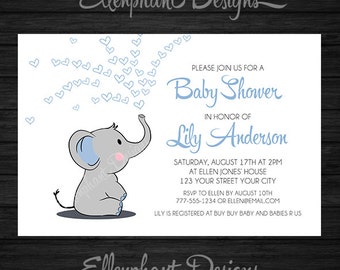 Elephant Baby Shower Invitation, boy, blue, hearts, white, baby sprinkle, baby elephant, custom invite, digital file, you print, DIY