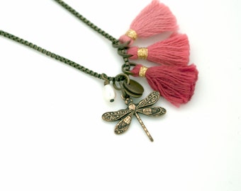 Sautoir libellule perle semi-précieuse d'eau douce pompon vintage romantique art nouveau cadeau amie femme fille