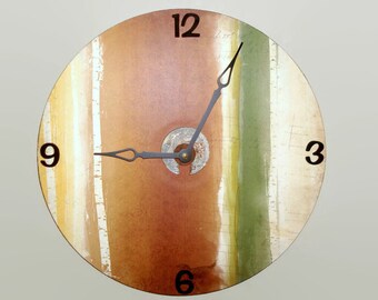 SILENT Rustic Wall Clock, 10 or 12 Inches, Unique Wall Clock, Large Wall Clock, Brown Green Birch Clock, Rustic Home Decor, Wall Decor 2221