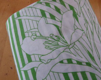Green Stripes and White Flowers - Vintage Flat Bedsheet