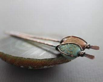 Shawl pin or hair pin sticks with with twisted copper wire and etched acrylic briolette - Hair stick - Mint - Pink coral - HP011
