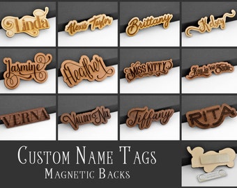 Custom Name Tag ID Badge with Magnetic or Pin Back Laser Engraved & Cut from Birch Alder or Walnut Wood Personalize Choose Your Font!