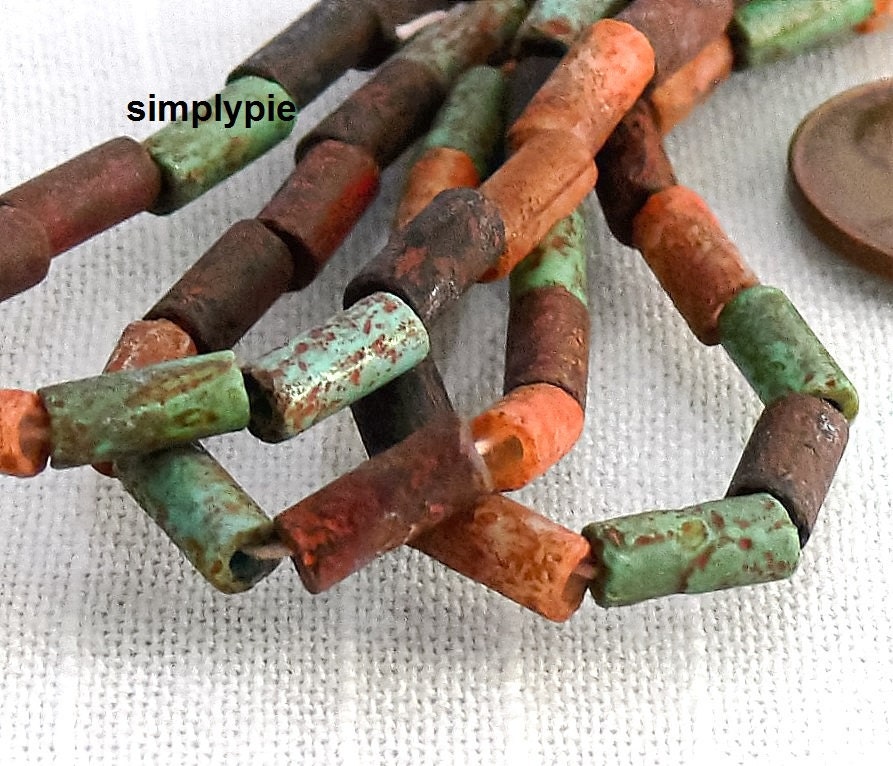 Stone Aged Mix Picasso Bugle Czech Glass Beads TenInch Long
